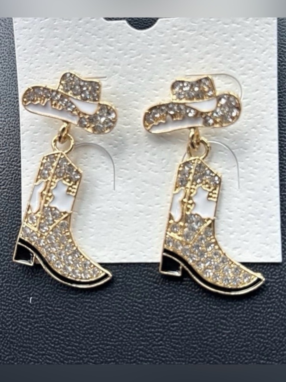 Western Boot & Hat Dangle Earrings - Gold Tone with White Enamel